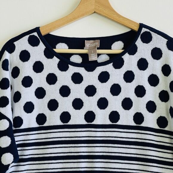 Chico's Navy Blue White Polka Dot Stripe 3/4 Sleeve Sweater Womens 1 Medium 8 - Picture 2 of 7